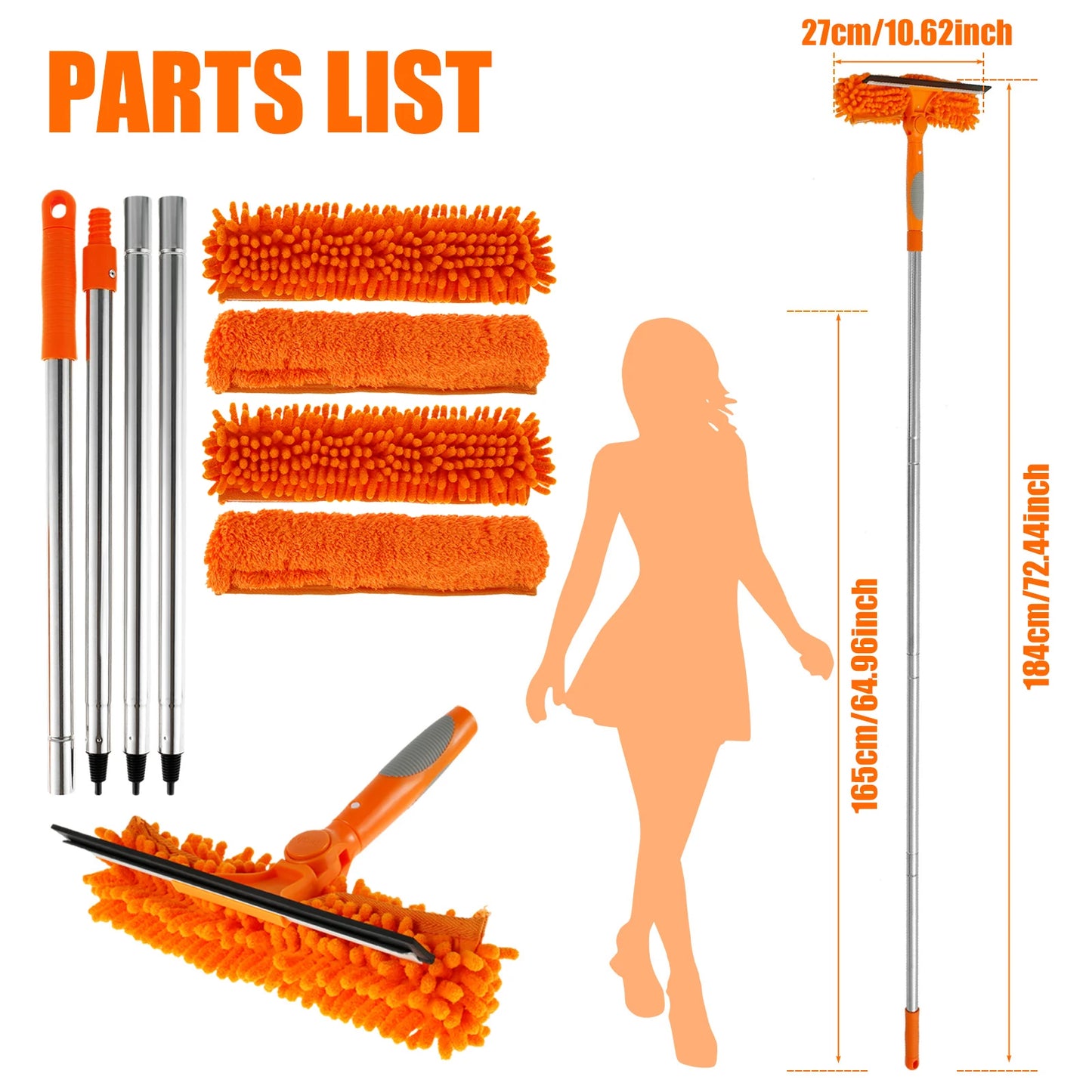 Window Squeegee Cleaner Kit with 13.78 FT Extension Pole 2 in 1 Double Sided Window Cleaner Duster Tool 180° Swivel Window