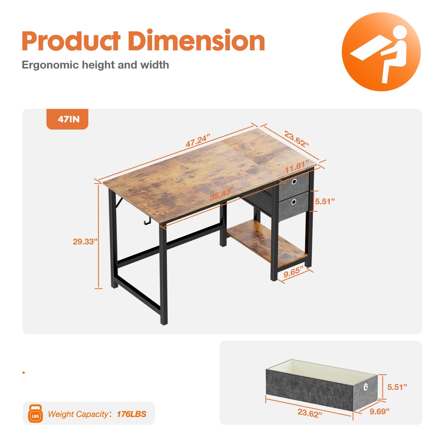 JHK Computer Desk With Drawers 55 Inch With 2-Tier Drawers