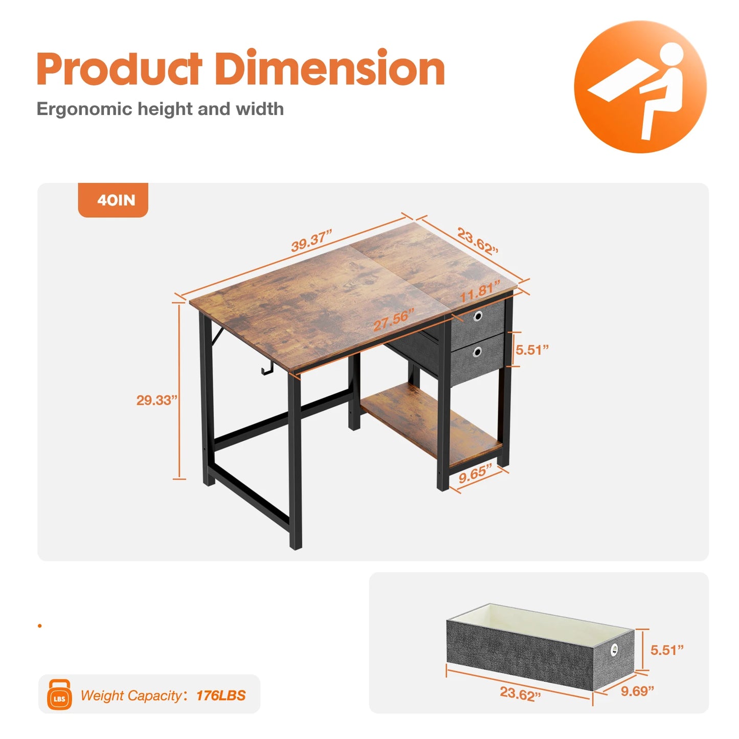 JHK Computer Desk With Drawers 55 Inch With 2-Tier Drawers