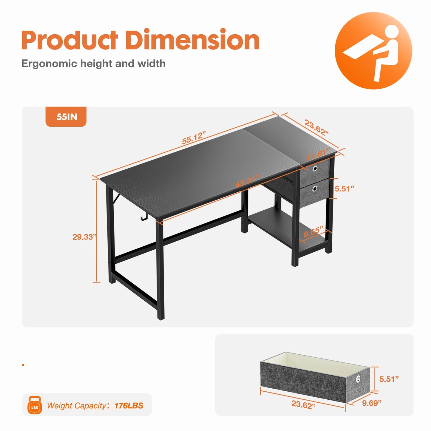 JHK Computer Desk With Drawers 55 Inch With 2-Tier Drawers