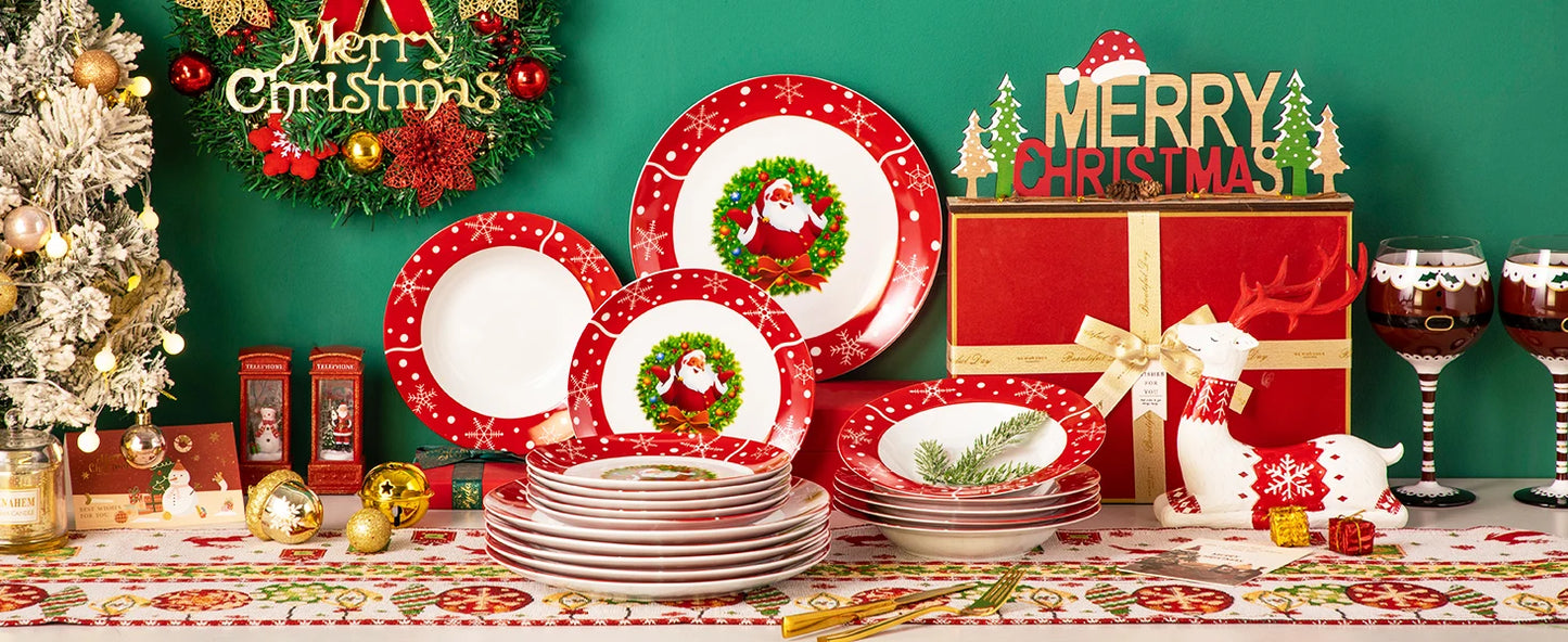 VEWEET 18/36 Piece Christmas Ceramic Plates Set Christmas Garland Style With