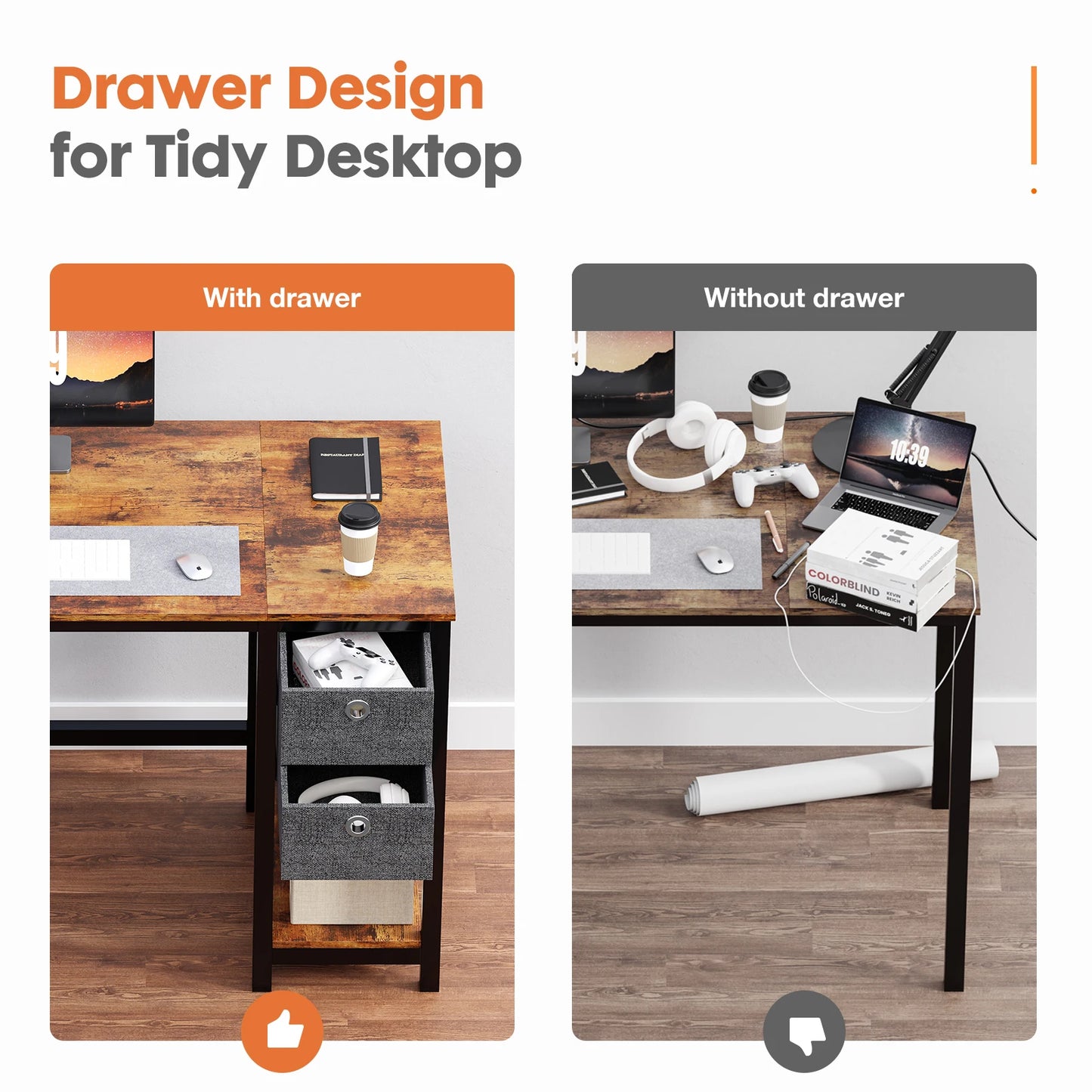 JHK Computer Desk With Drawers 55 Inch With 2-Tier Drawers