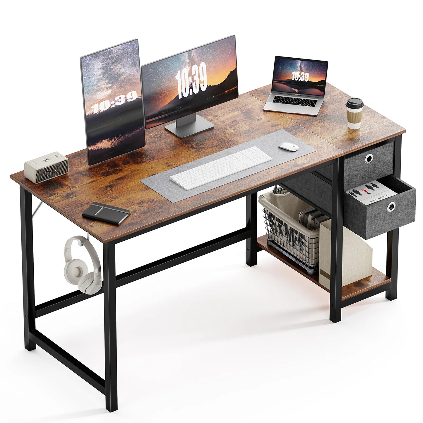 JHK Computer Desk With Drawers 55 Inch With 2-Tier Drawers