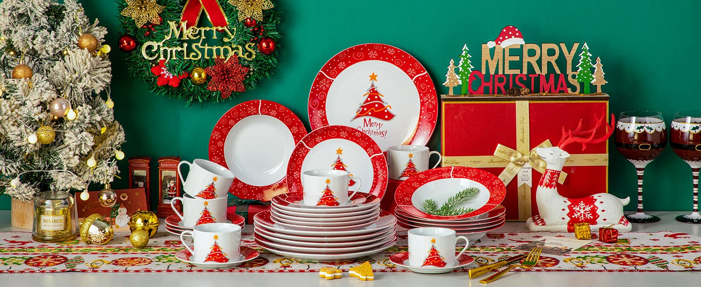 VEWEET 30/60 Piece Christmas Porcelain Dinnerware Sets Christmas Ceramic Plates