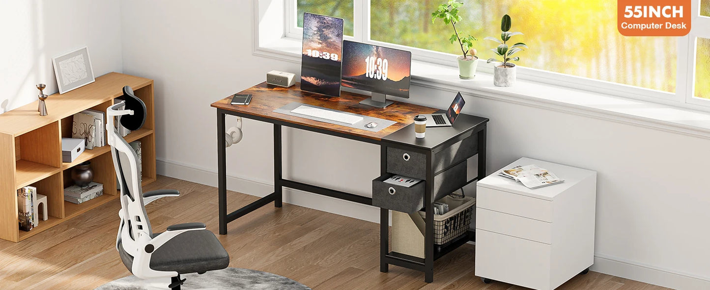 JHK-Computer Desk with Drawers, Writing Desk, 2-Tier Drawers, 55 Inch