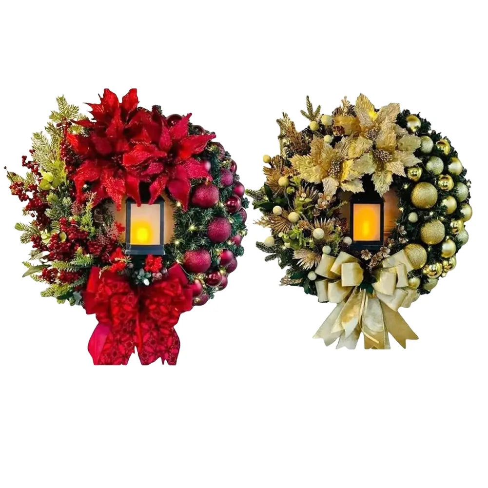 Christmas Wreath With Lamp Artificial Hanging Ornaments Front Door