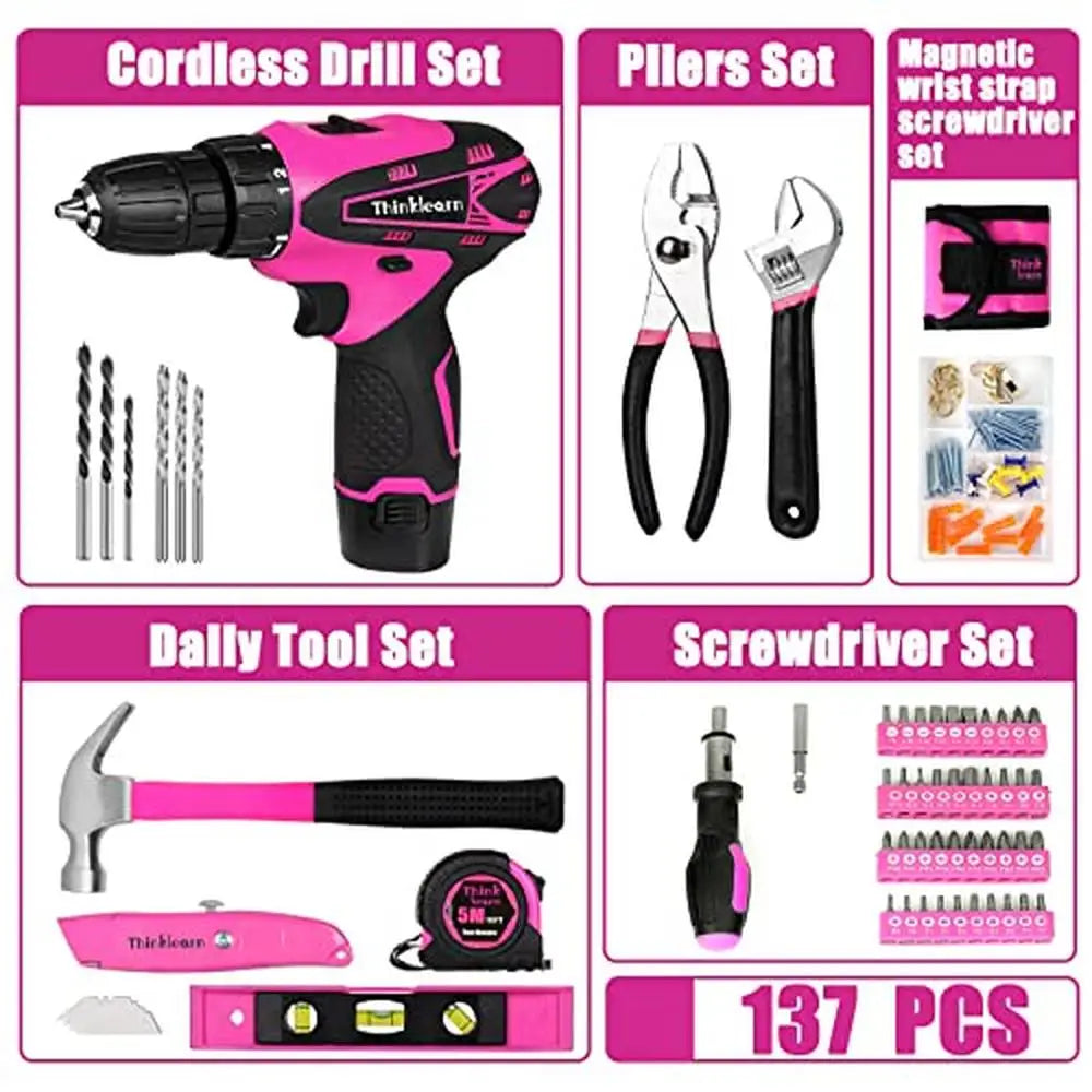 137-Piece Pink Cordless Drill SET with Tool Bag 