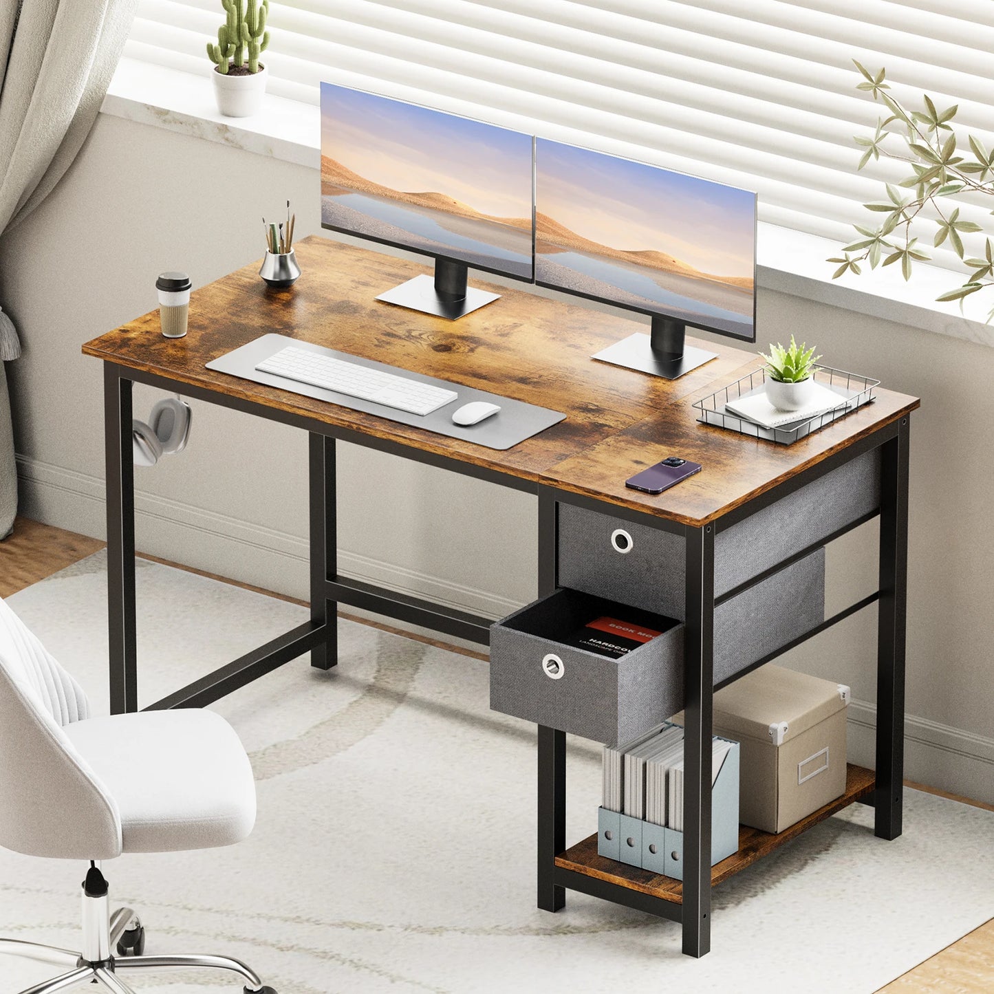 JHK-Computer Desk with Drawers, Writing Desk, 2-Tier Drawers, 55 Inch