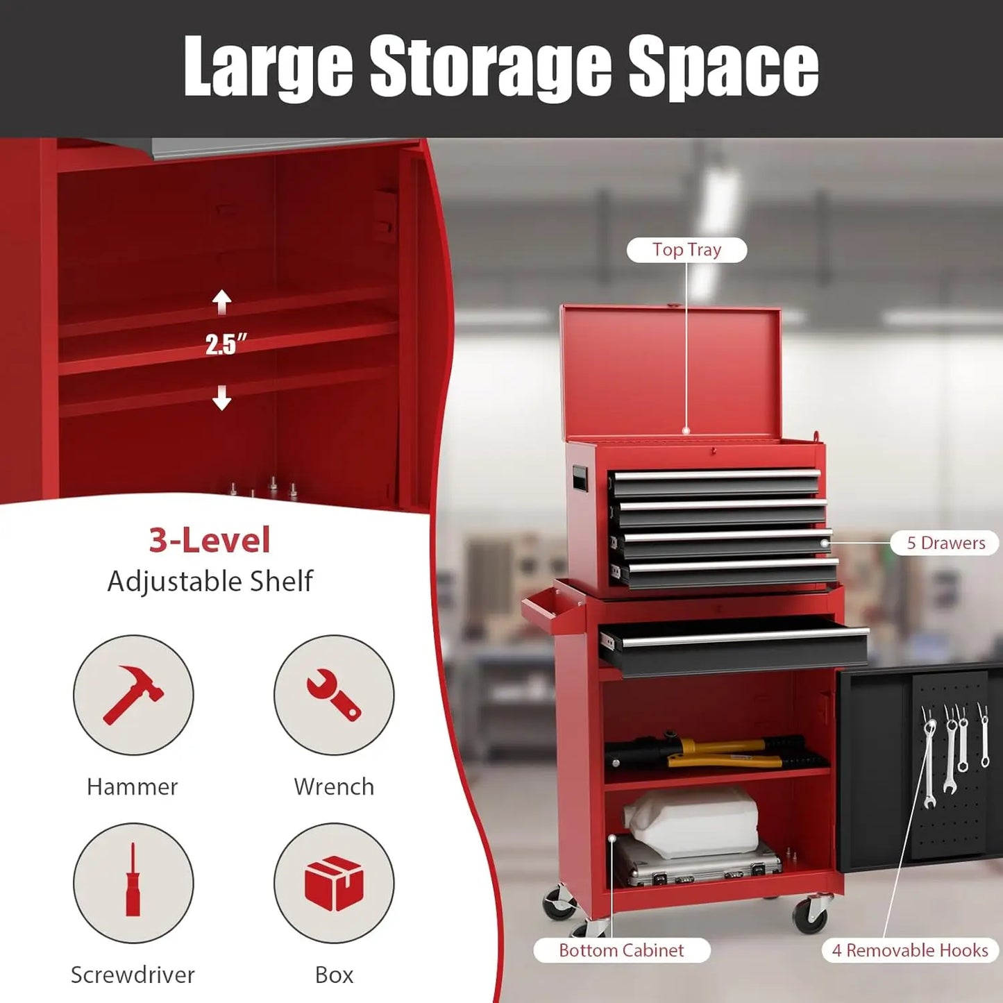 Tool Chest, 5-Drawer Rolling Tool Storage