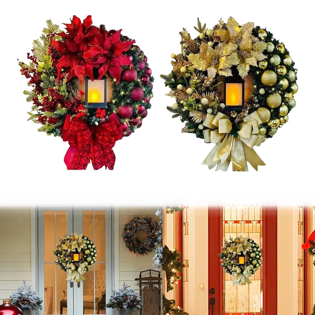 Christmas Wreath With Lamp Artificial Hanging Ornaments Front Door