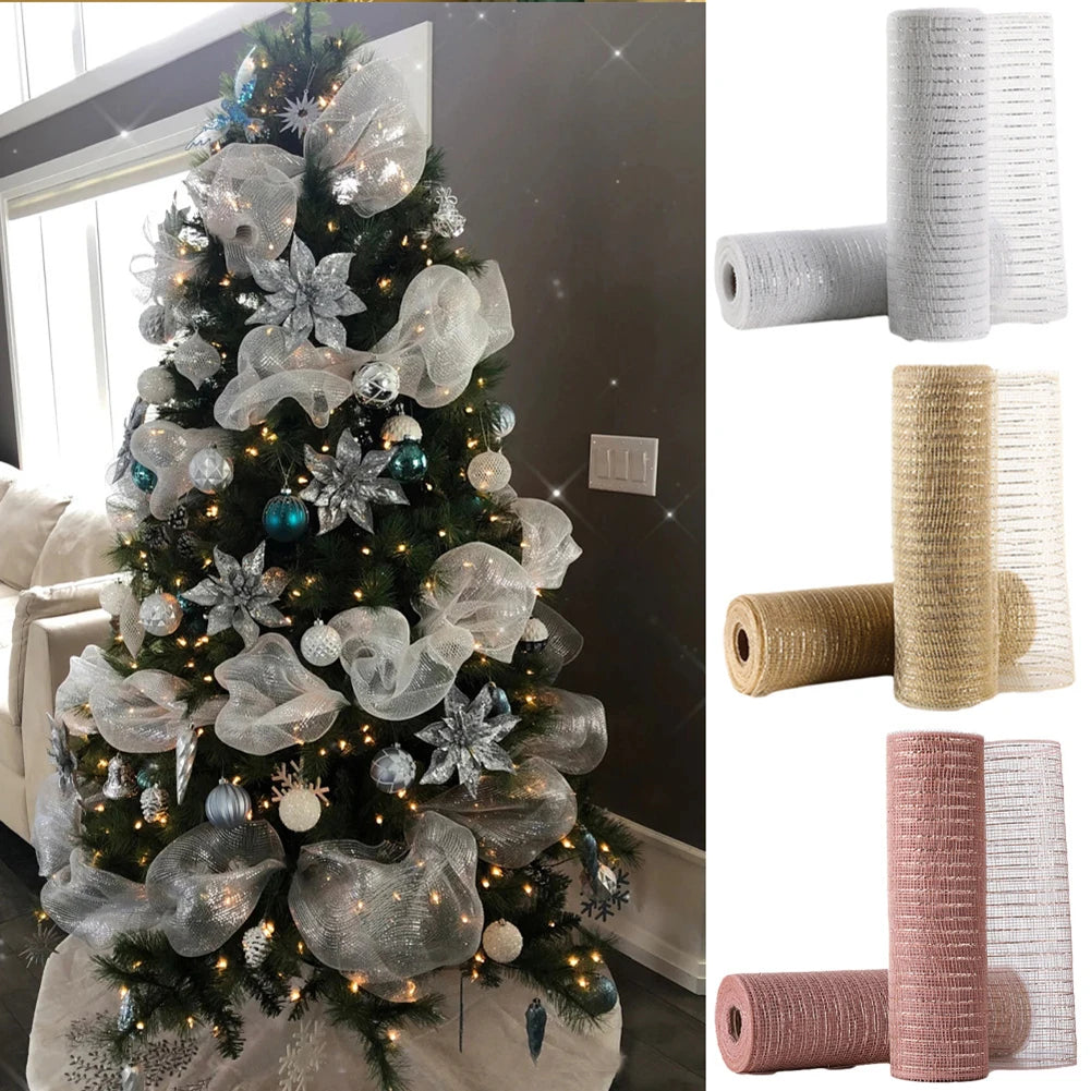 Christmas Mesh Ribbon 26cm 10yards Metallic forChristmas Tree Indoor Decoration