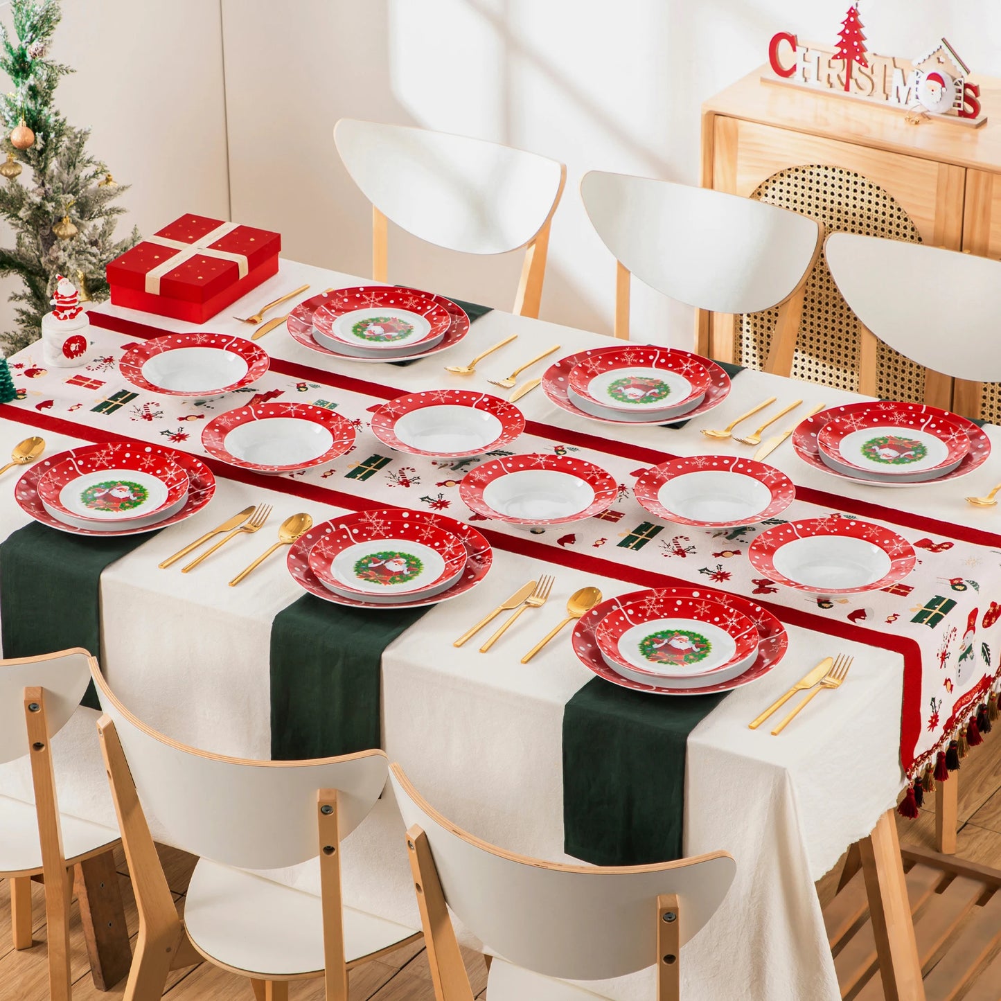 VEWEET 18/36 Piece Christmas Ceramic Plates Set Christmas Garland Style With