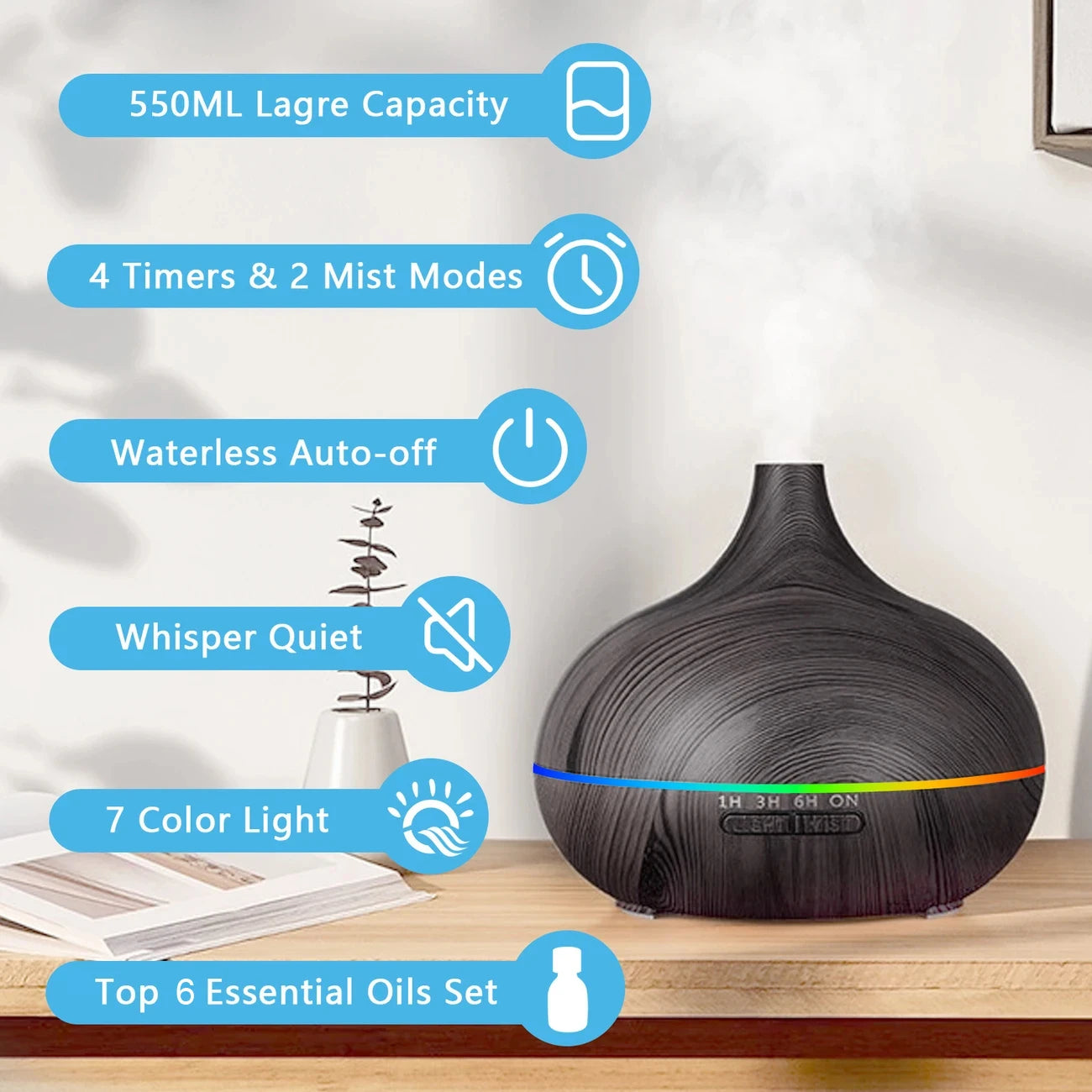 Essential Oil Diffuser with Remote Control with 7-Color LED Light 550ml