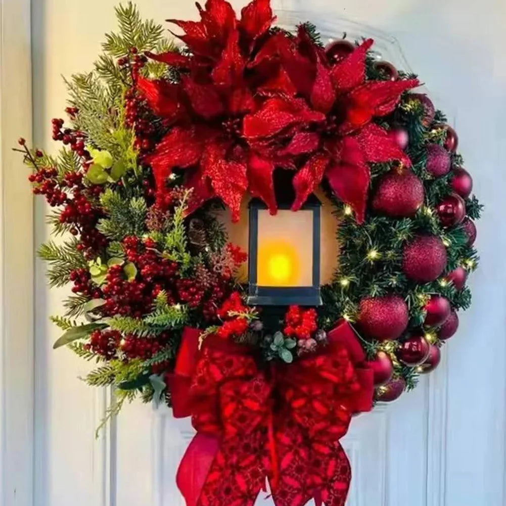 Christmas Wreath With Lamp Artificial Hanging Ornaments Front Door