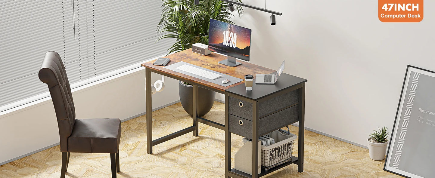 JHK-Computer Desk with Drawers, Writing Desk, 2-Tier Drawers, 55 Inch