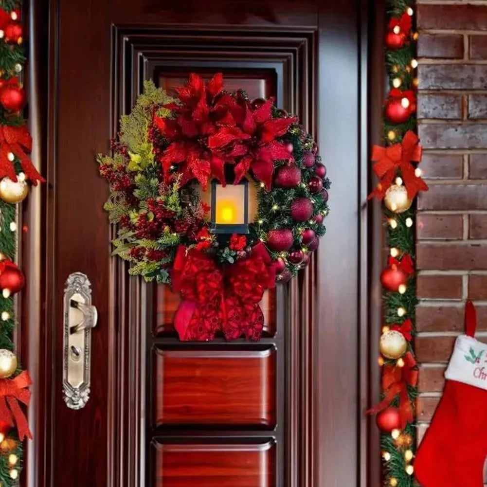 Christmas Wreath With Lamp Artificial Hanging Ornaments Front Door