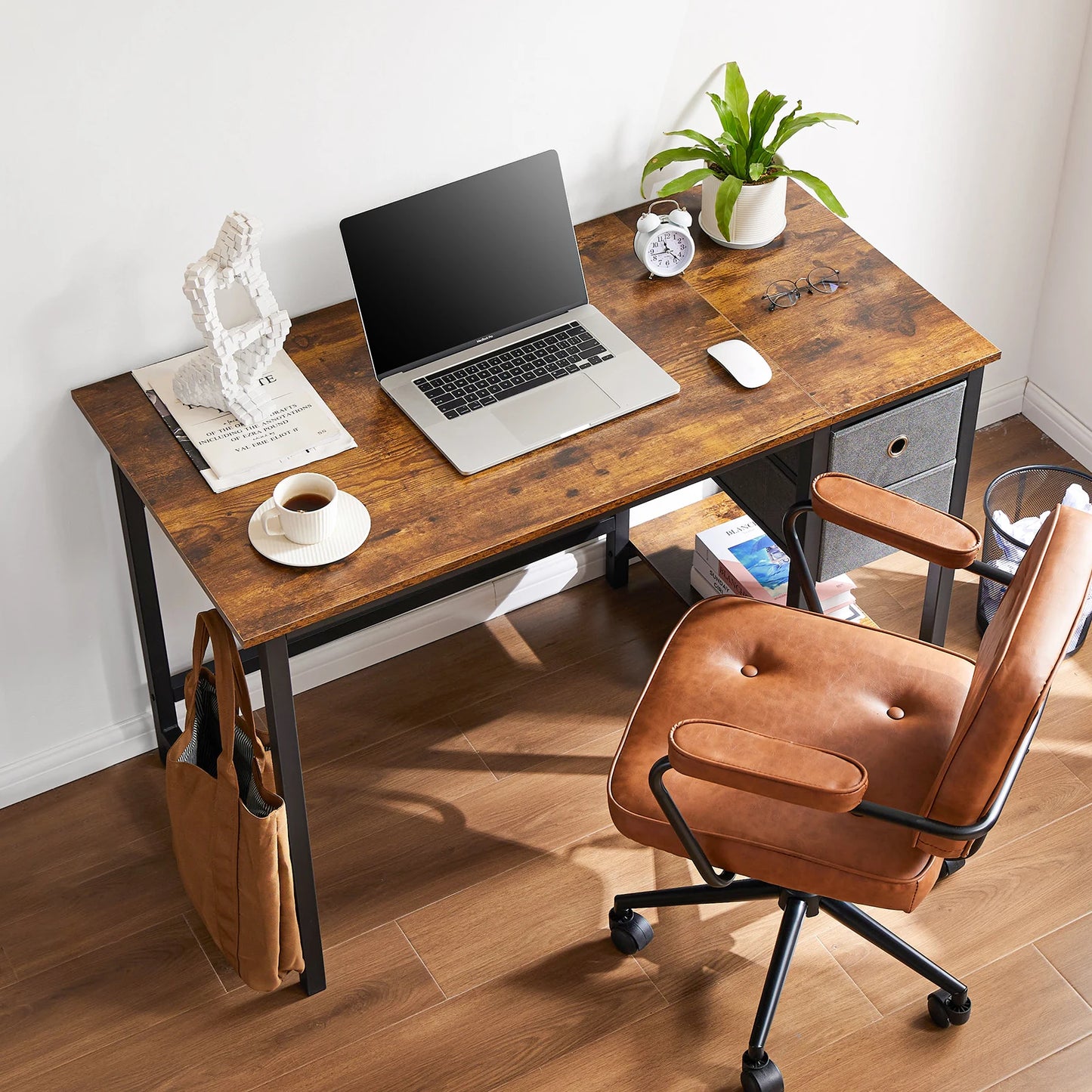 JHK-Computer Desk with Drawers, Writing Desk, 2-Tier Drawers, 55 Inch