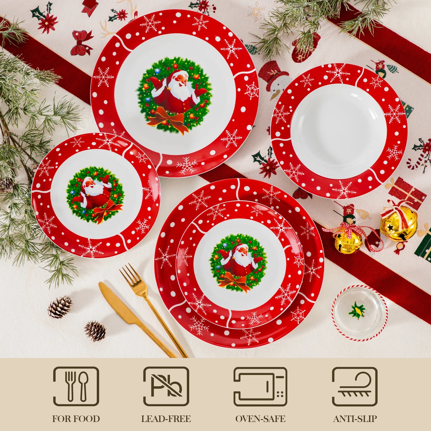 VEWEET 18/36 Piece Christmas Ceramic Plates Set Christmas Garland Style With