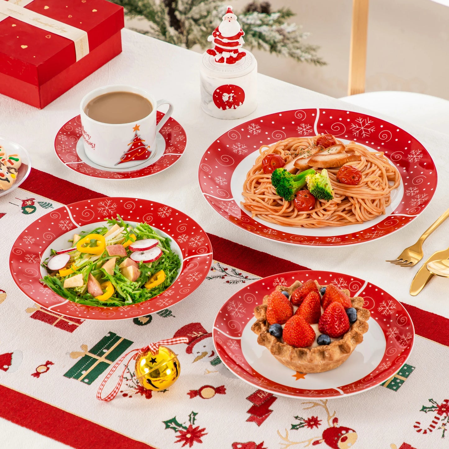 VEWEET 30/60 Piece Christmas Porcelain Dinnerware Sets Christmas Ceramic Plates