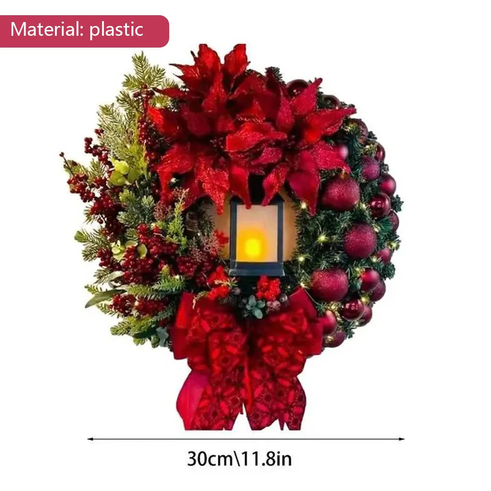 Christmas Wreath With Lamp Artificial Hanging Ornaments Front Door