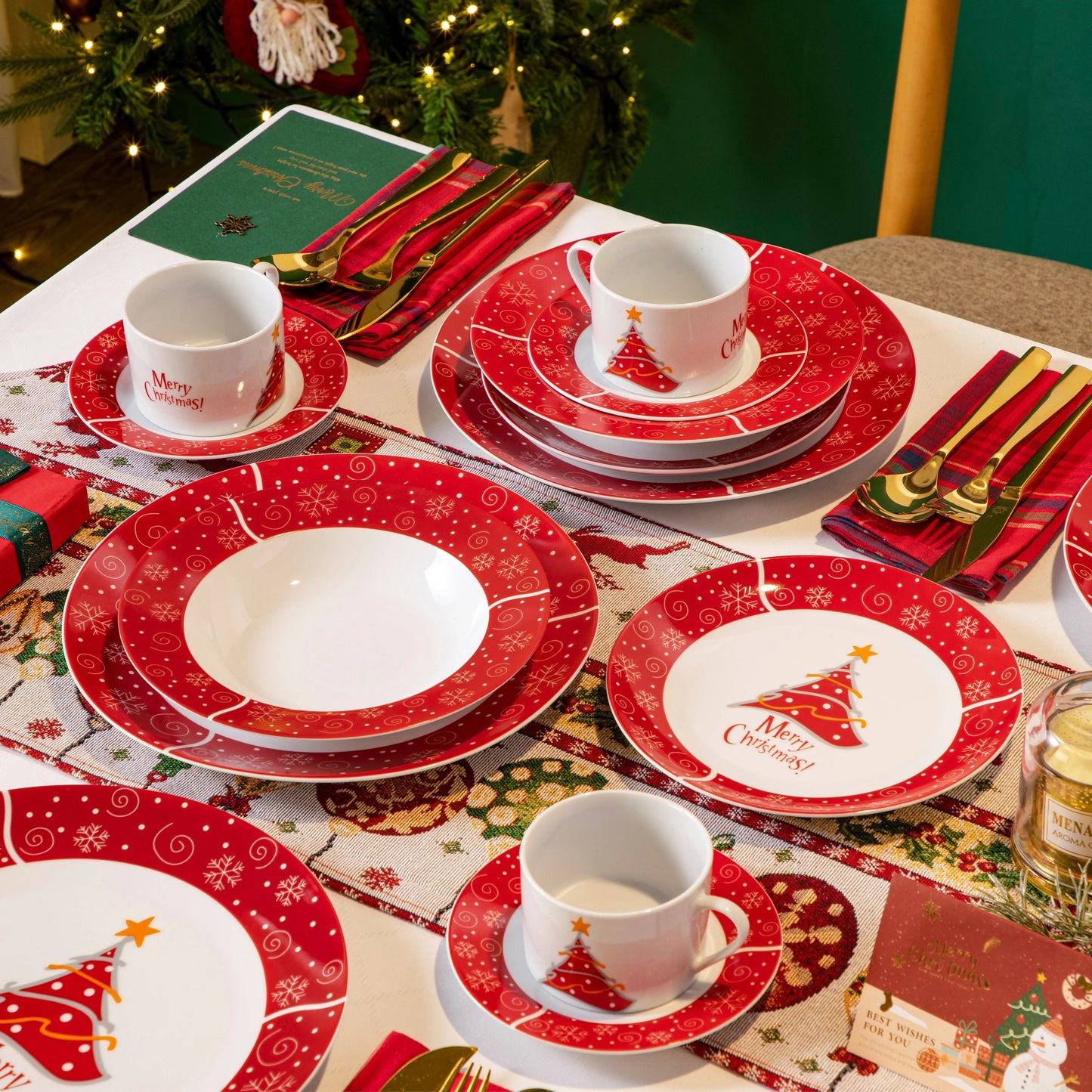 VEWEET 30/60 Piece Christmas Porcelain Dinnerware Sets Christmas Ceramic Plates